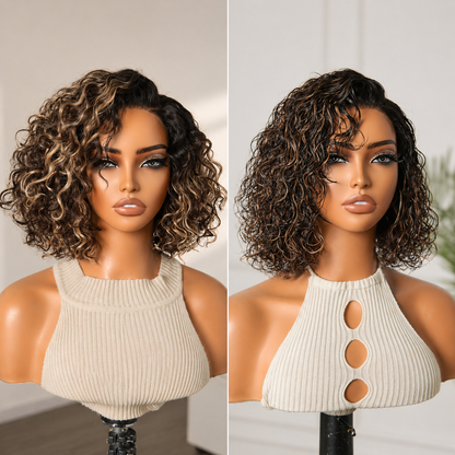 ⚡ Final Hours❤️Blonde Highlight Curly Glueless HD Lace Wig Human Hair Pre-Cut Lace Pre-Plucked Pre-Bleached