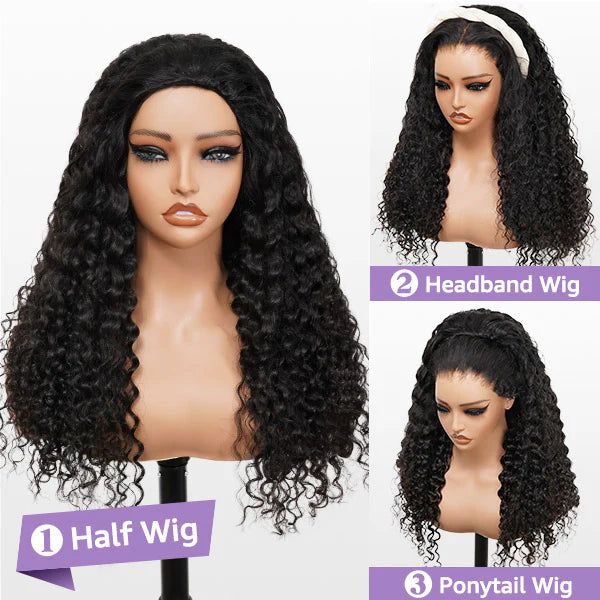🚨 Final Hours to Save Big! 3 In 1 Half Wig | Glueless Invisible Water Wave Wear Go Half Wig Flip Over Human Hair Wig With Elastic Drawstring Flip Over Wig