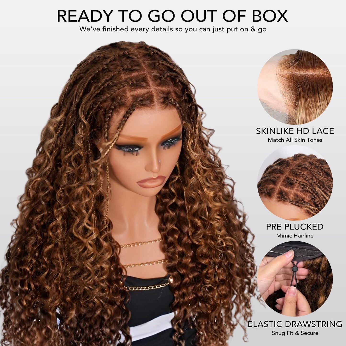 Knotless Boho Braids HD 13x6 Lace Frontal Human Hair Wig Flexi Fit Drawstring Cap Water Wave Glueless Braided Wigs For Women