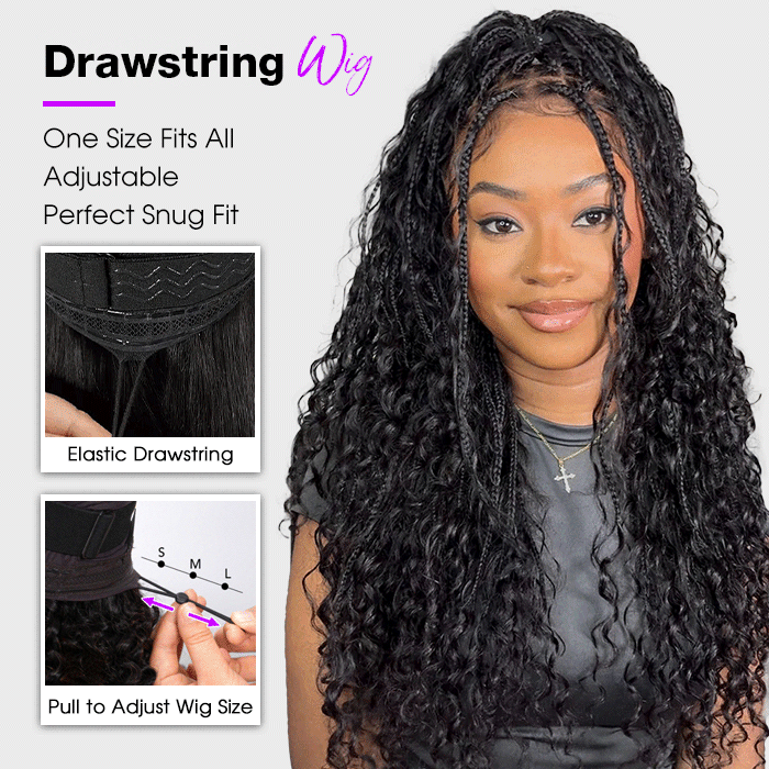 Knotless Boho Braids HD 13x6 Lace Frontal Human Hair Wig Flexi Fit Drawstring Cap Water Wave Glueless Braided Wigs For Women