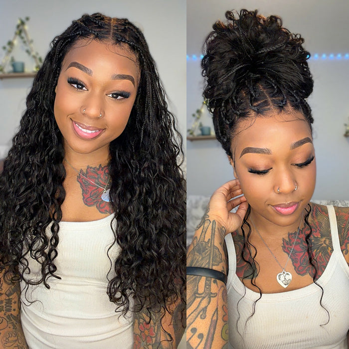Knotless Boho Braids HD 13x6 Lace Frontal Human Hair Wig Flexi Fit Drawstring Cap Water Wave Glueless Braided Wigs For Women