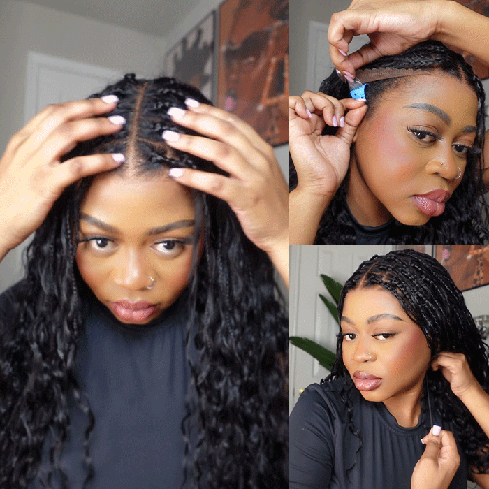 Knotless Boho Braids HD 13x6 Lace Frontal Human Hair Wig Flexi Fit Drawstring Cap Water Wave Glueless Braided Wigs For Women