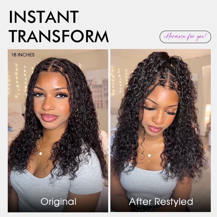 Knotless Boho Braids HD 13x6 Lace Frontal Human Hair Wig Flexi Fit Drawstring Cap Water Wave Glueless Braided Wigs For Women