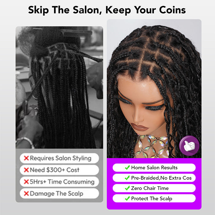 Knotless Boho Braids HD 13x6 Lace Frontal Human Hair Wig Flexi Fit Drawstring Cap Water Wave Glueless Braided Wigs For Women