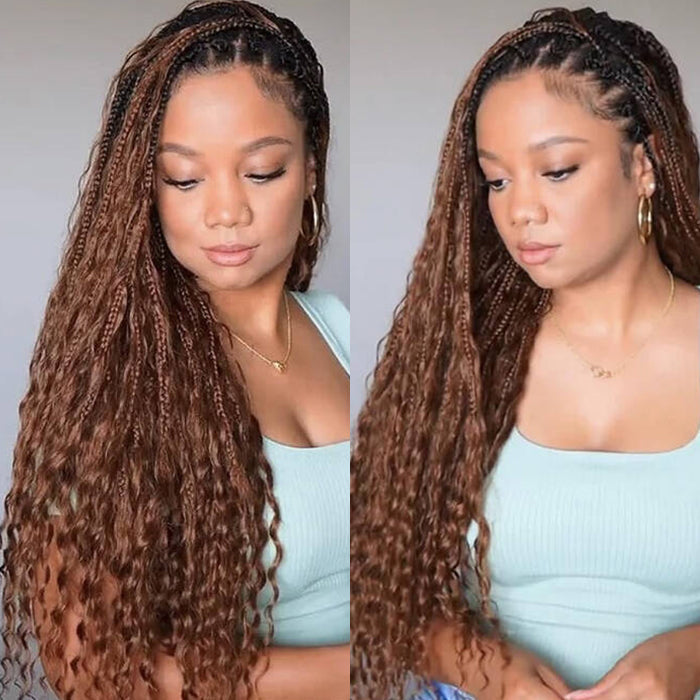 Knotless Boho Braids HD 13x6 Lace Frontal Human Hair Wig Flexi Fit Drawstring Cap Water Wave Glueless Braided Wigs For Women