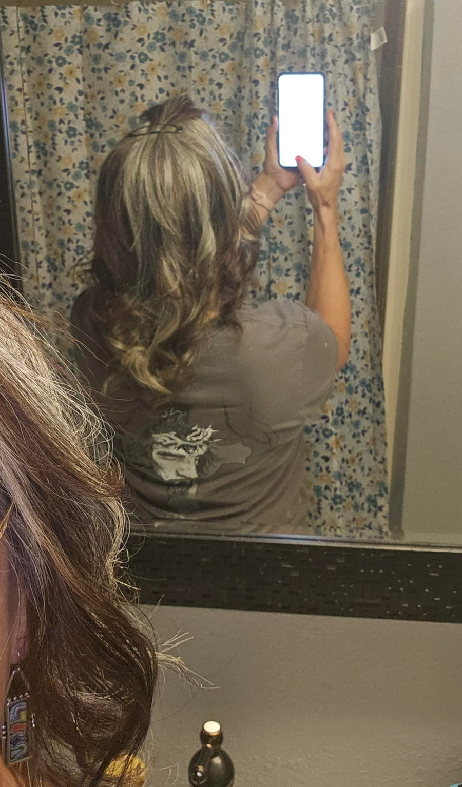 Customer wearing grey human hair topper for thinning crown