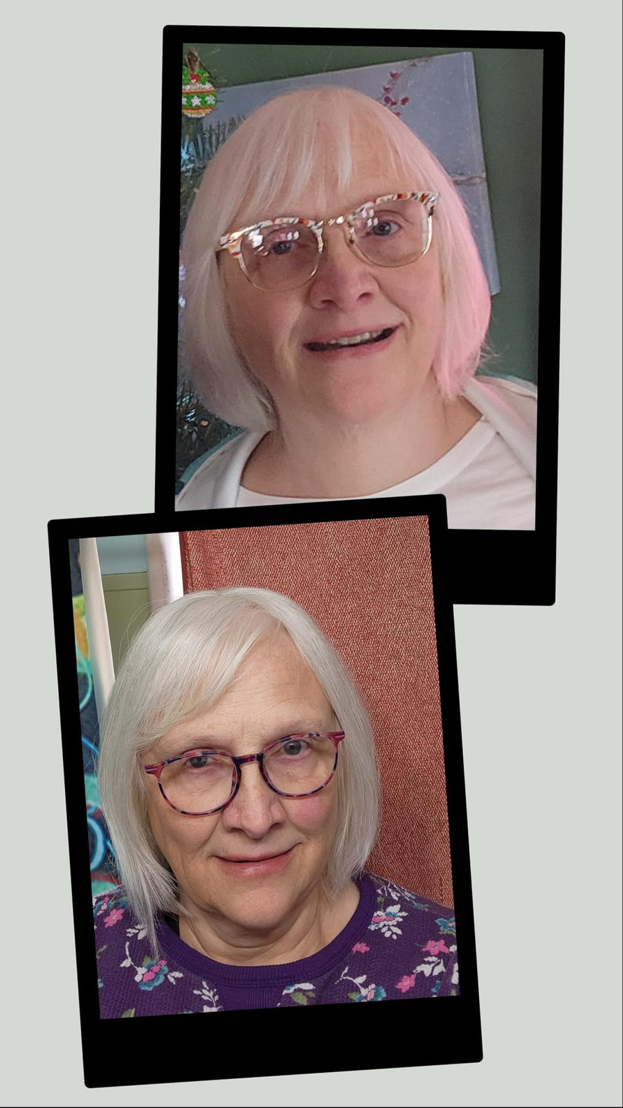 Customer styling silver white hair topper with bangs