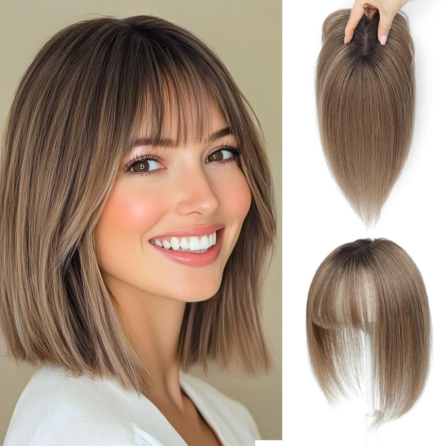 🔥 NEW ARRIVAL SALE-Human Hair Topper with Bangs | Hair Piece for Thinning Hair