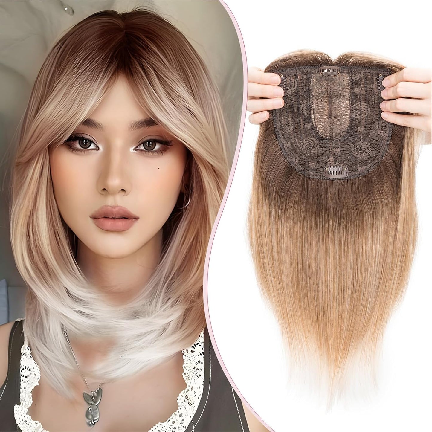 S-noilite Clip en Tupées Extensión de Postizo Toupee Hair Topper Wiglet Top Cabello Fino para Mujeres con un Volumen de Pérdida de Cabello Leve,(Base 15cm*15cm) Liso 45cm Rubio Miel Mixto