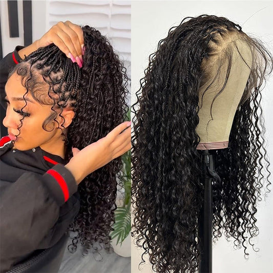 Knotless Boho Braids HD 13x6 Lace Frontal Human Hair Wig Flexi Fit Drawstring Cap Water Wave Glueless Braided Wigs For Women